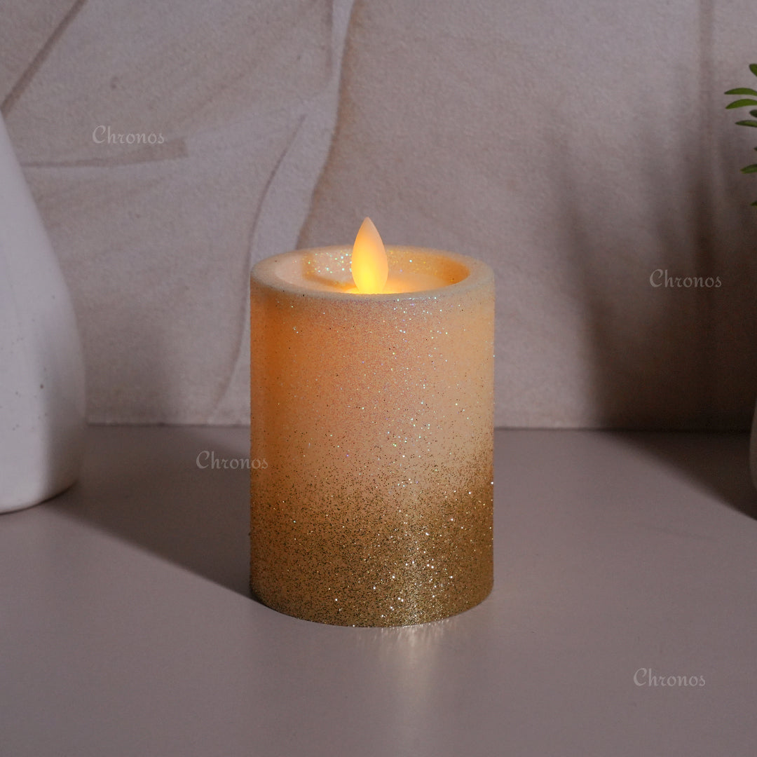 Bottom view of LED glitter pillar candle showing easy-access On/Off switch for simple operation and battery compartment.
