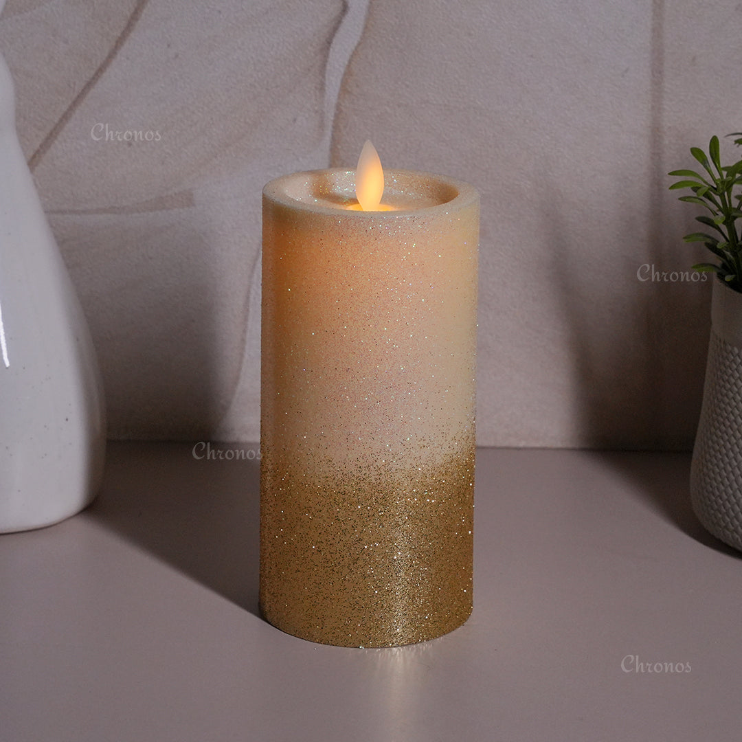 Pack of 3 LED glitter pillar candles in different heights arranged on a decorative tray, ideal for stylish home displays.