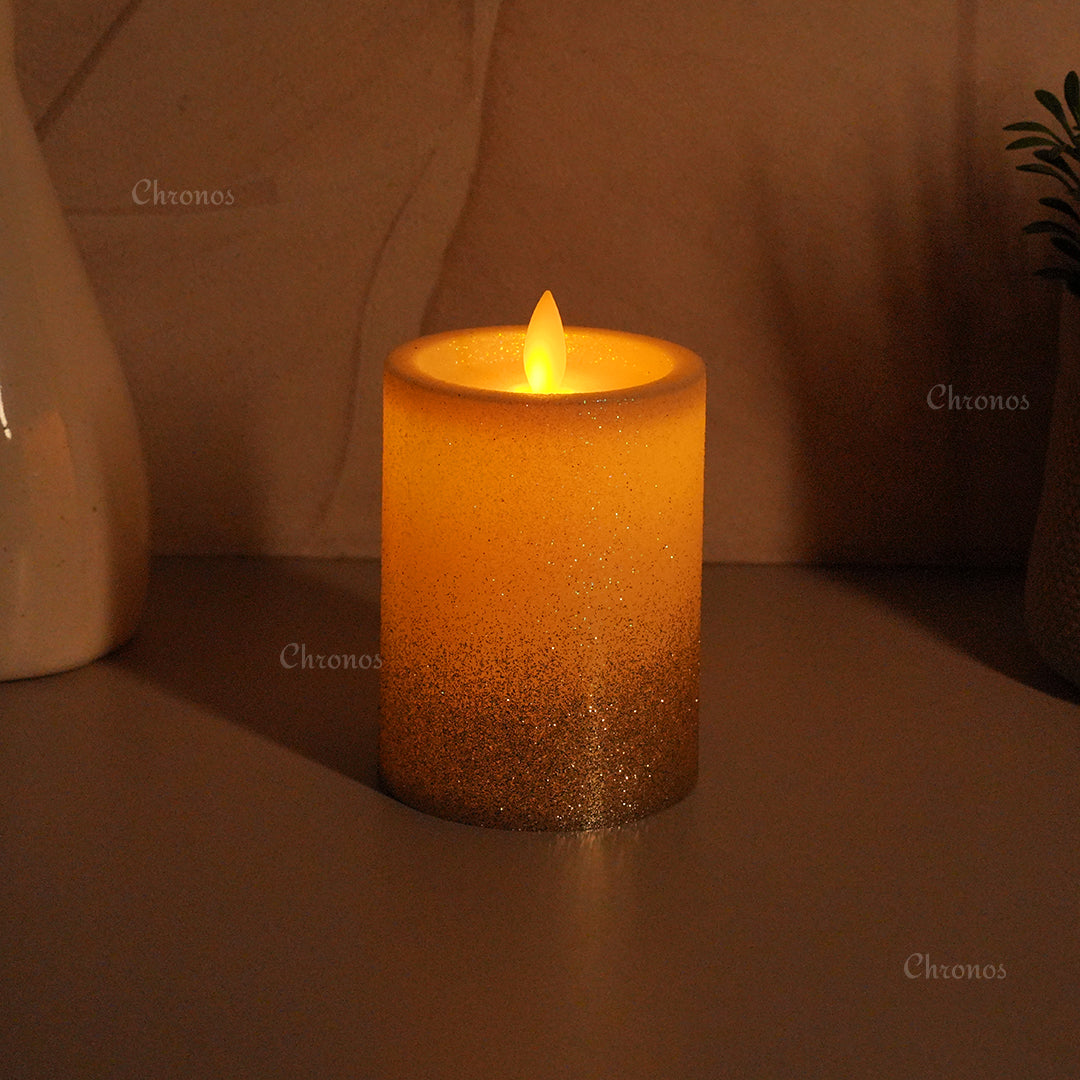 Elegant LED moving flame glitter candle displayed as a wedding table centerpiece for warm and safe ambient lighting.