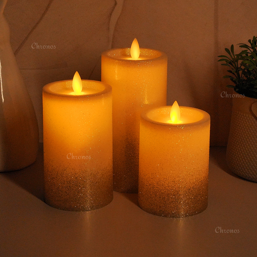 Set of three LED glitter candles in 4, 5, and 6 inches, ideal for layered tabletop displays or event centerpieces.