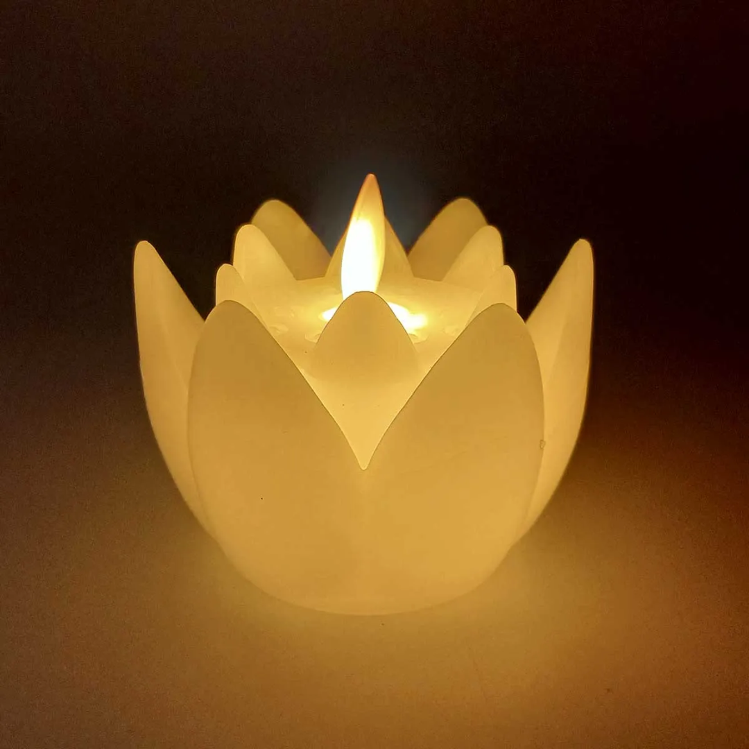 Pack of 6 LED Lotus Tealight Candles with elegant floral design, perfect for home décor, festive celebrations, and romantic ambiance.