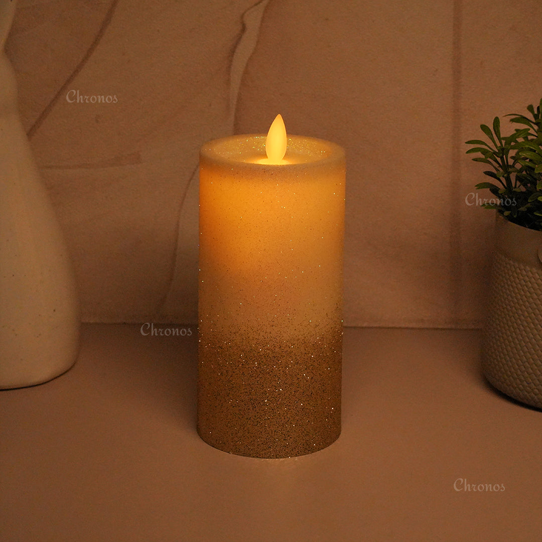 Glitter LED candle glowing at night, showcasing realistic moving flame and soothing lighting effect for relaxing ambiance.