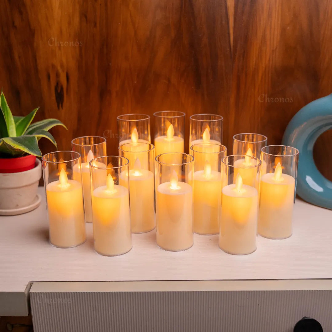 LED moving flame pillar candles ideal for weddings, parties, and romantic décor