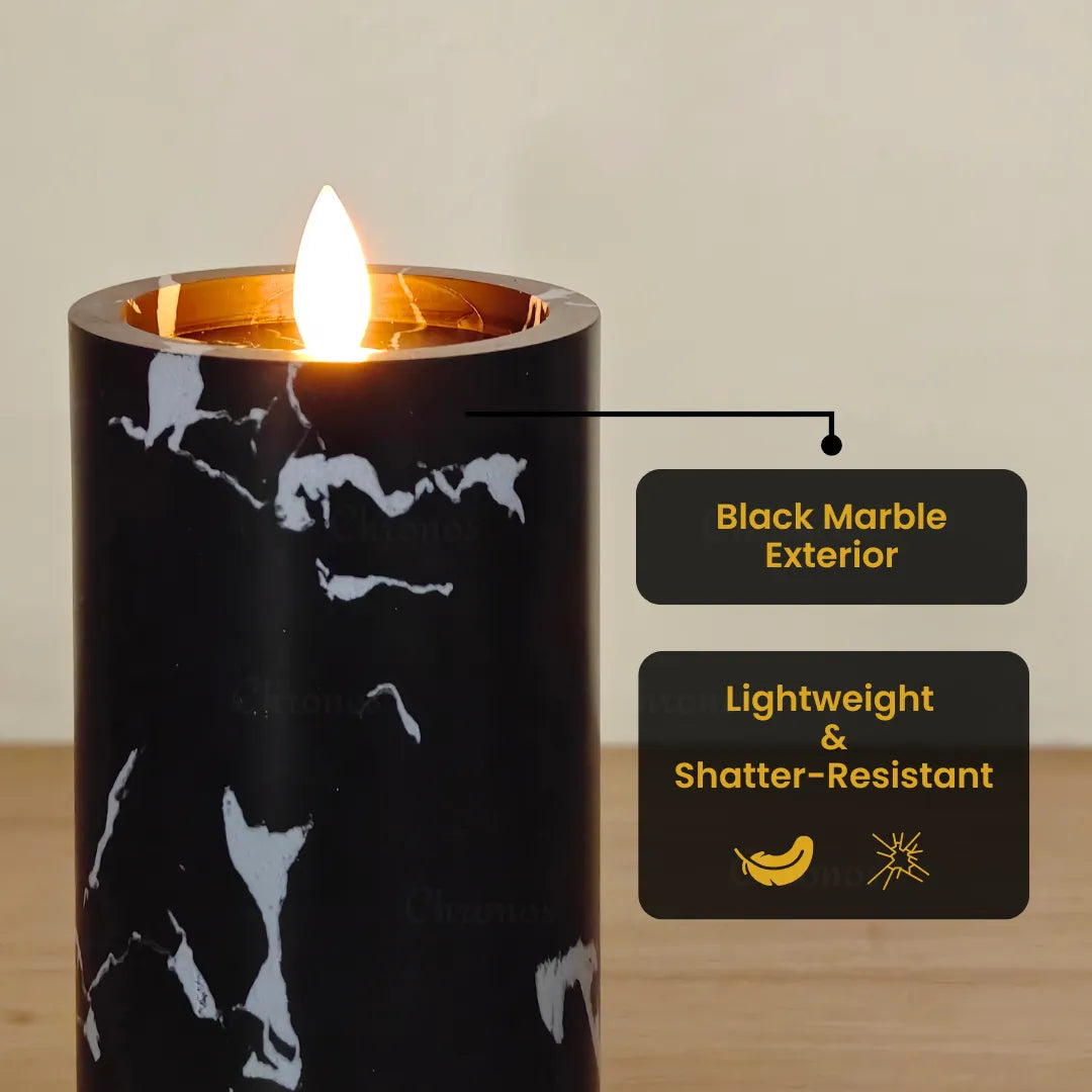 LED moving wick candle with elegant black marble finish