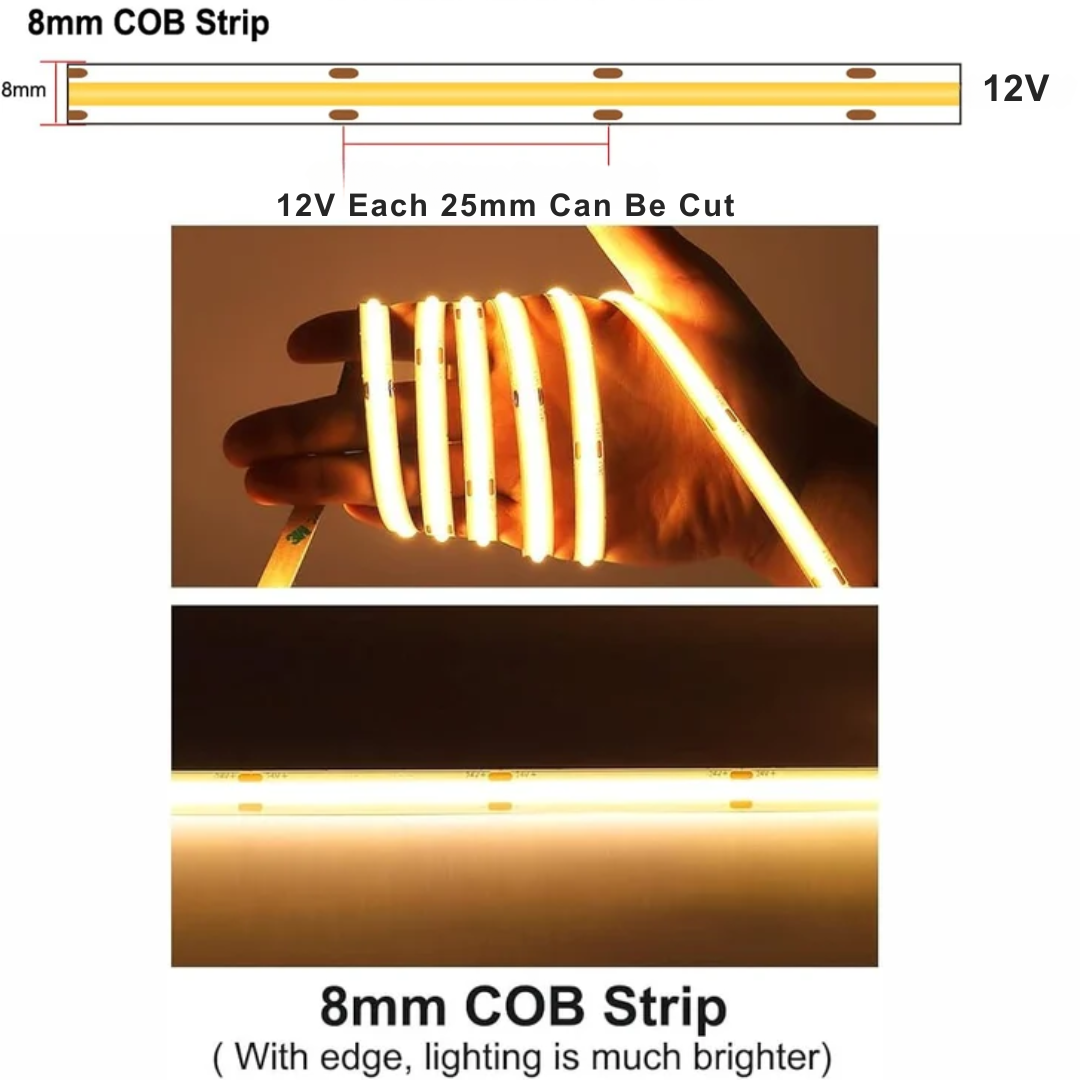 8mm Ice Blue LED Strip Light – 12V COB Dotless – Stylish & High Brightness