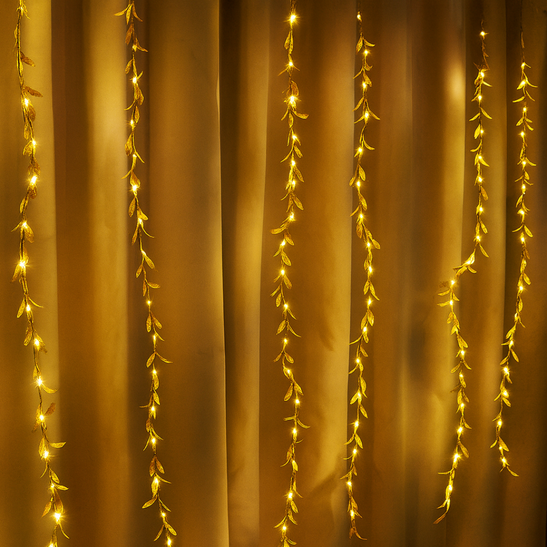 Luxury Golden Garland Curtain Lights with metallic leaves and 8 lighting modes – Perfect for Diwali, Ganesh Chaturthi, weddings, and parties – Chronos Lights