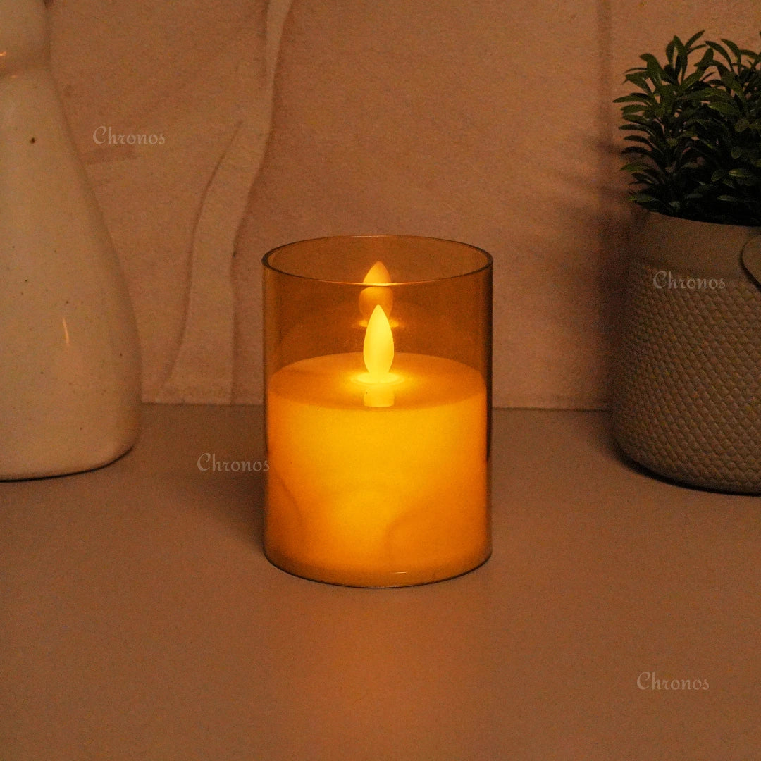 Luxurious golden acrylic glass LED pillar candle with realistic flickering flame for elegant interiors