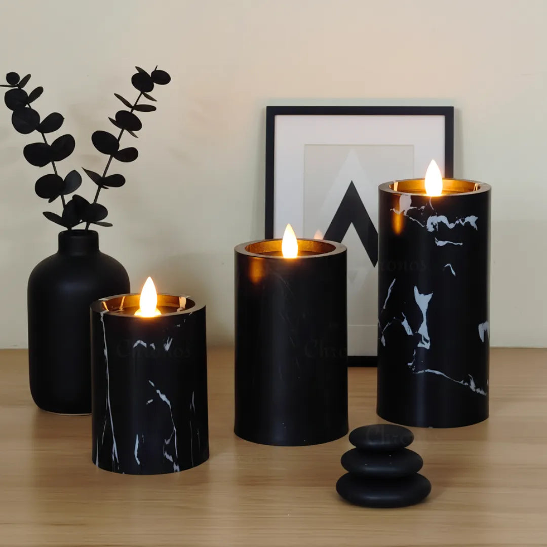 Marble Noir LED moving wick pillar candle with realistic flameless glow
