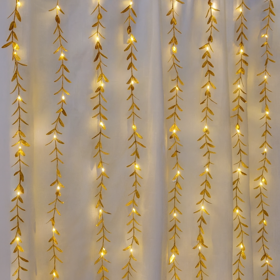 Metallic Golden Curtain Lights with cascading leaves and warm white LEDs – Durable, reusable, and easy to install for celebrations – Chronos Lights