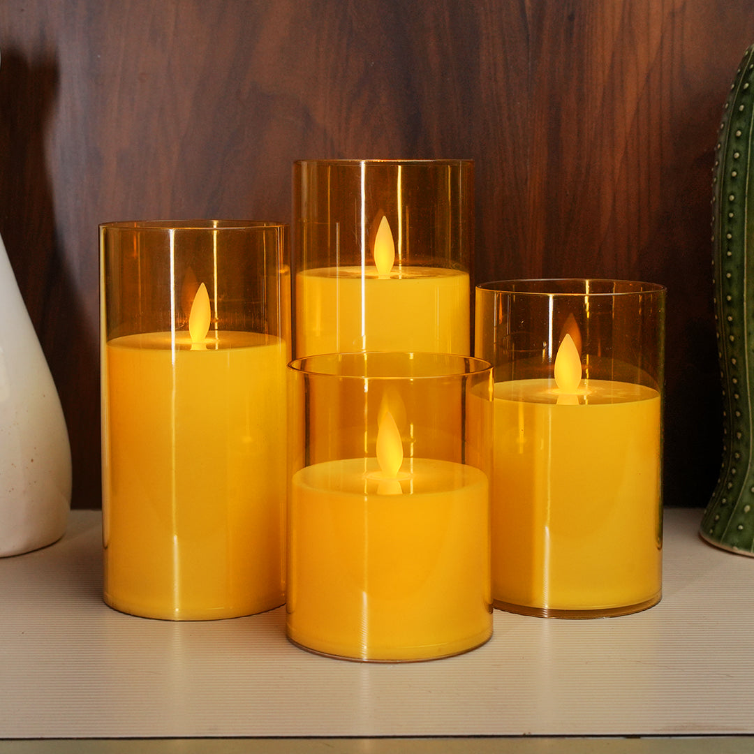 Stylish golden LED pillar candle with moving flame effect for living room and bedroom decoration
