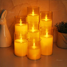 Realistic moving flame LED pillar candle with golden acrylic glass for Diwali, Christmas, and weddings