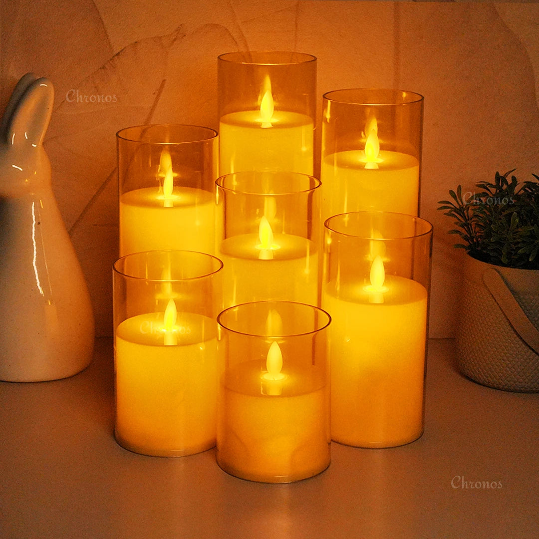 Realistic moving flame LED pillar candle with golden acrylic glass for Diwali, Christmas, and weddings