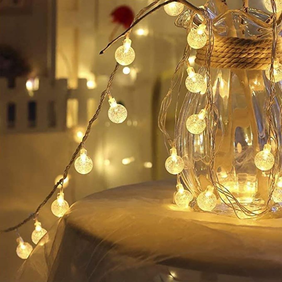 Bubble LED string lights with USB battery and plug-in power for flexible use