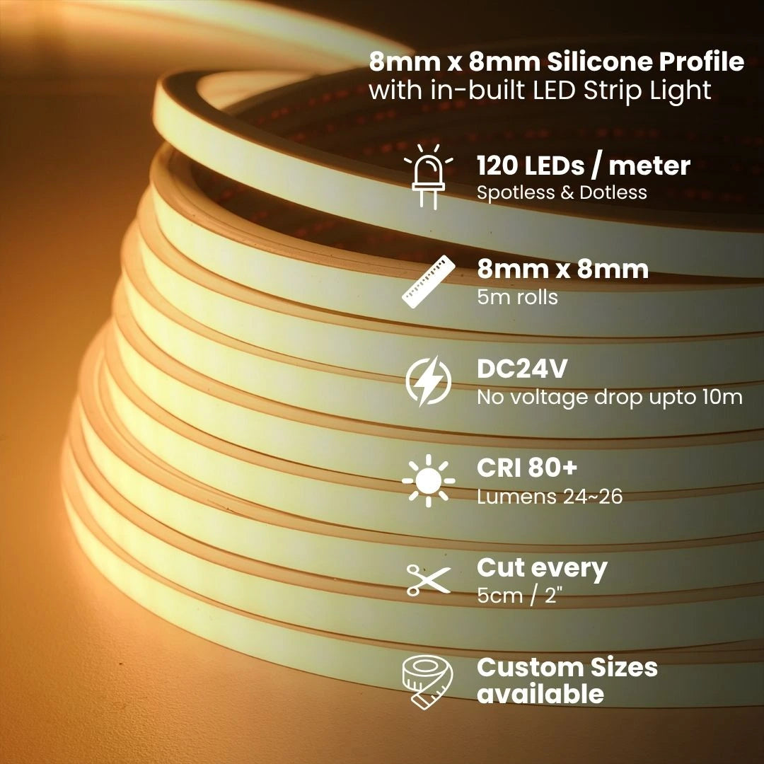 Close up of 8 mm silicone neon profile front bend, waterproof IP65.
