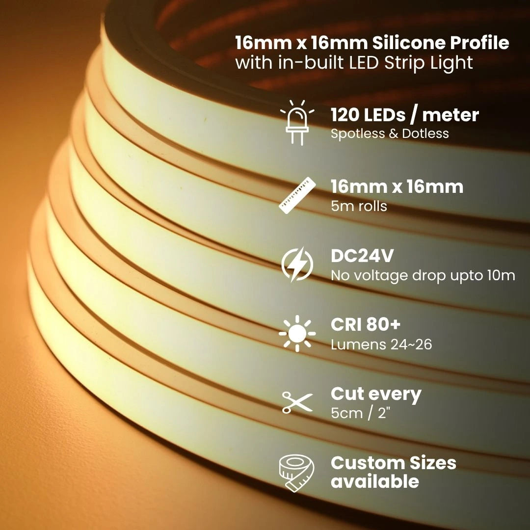Waterproof 16 mm silicone neon profile, IP65 grade.