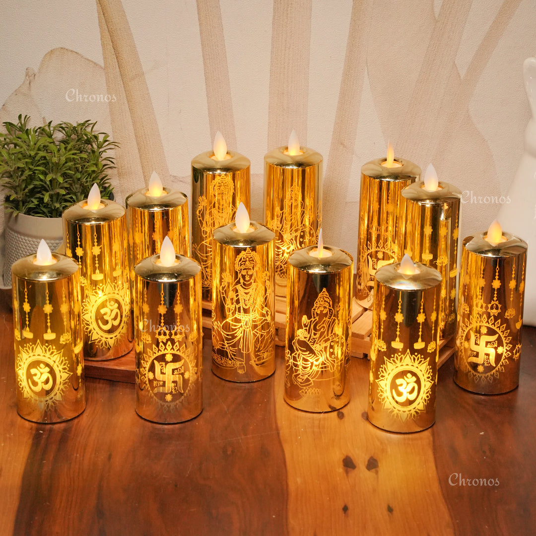 Flameless LED pillar candle with Om symbol design for meditation, puja, and yoga spaces