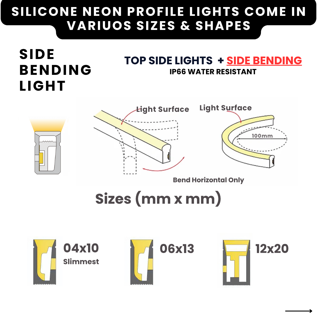 Outdoor rated neon profile, 12×20 mm silicone IP65.