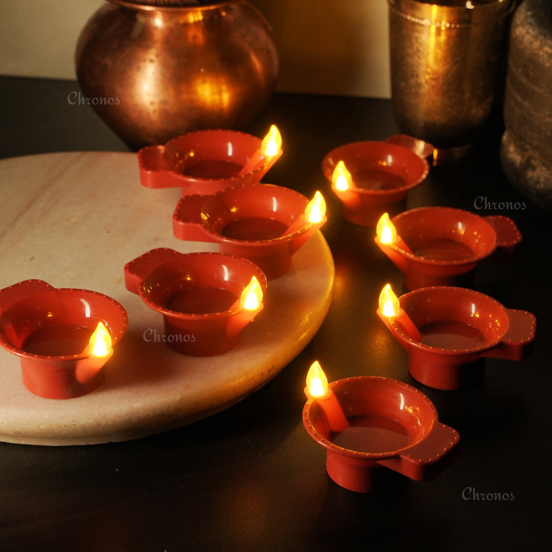 Pack of 12 LED Brown Diyas for large Diwali décor setups, weddings, and festive lighting arrangements