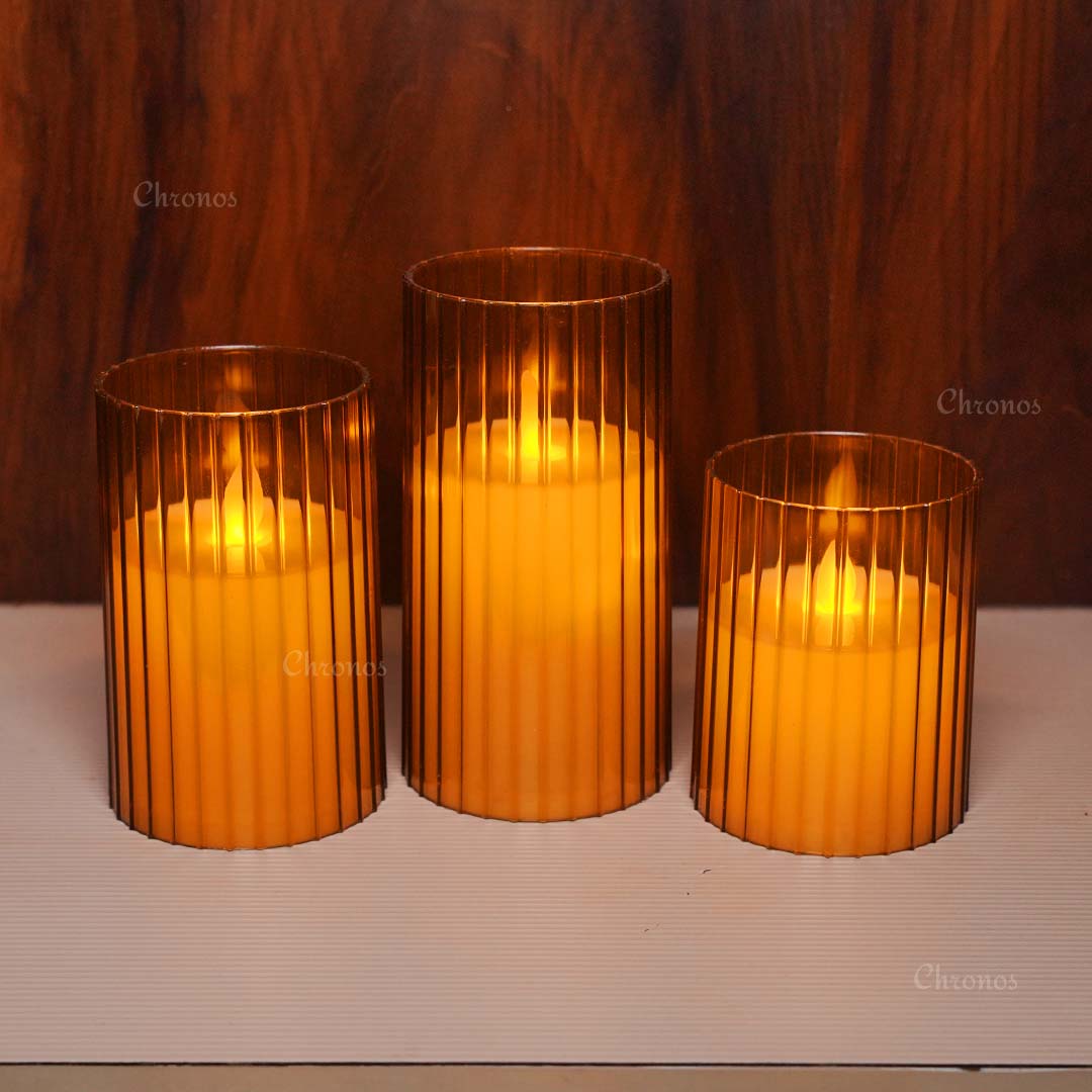 Pleated Acrylic Glass LED Moving Flame Pillar Candle in Brown – Elegant flameless décor for festive and home use – Chronos Lights