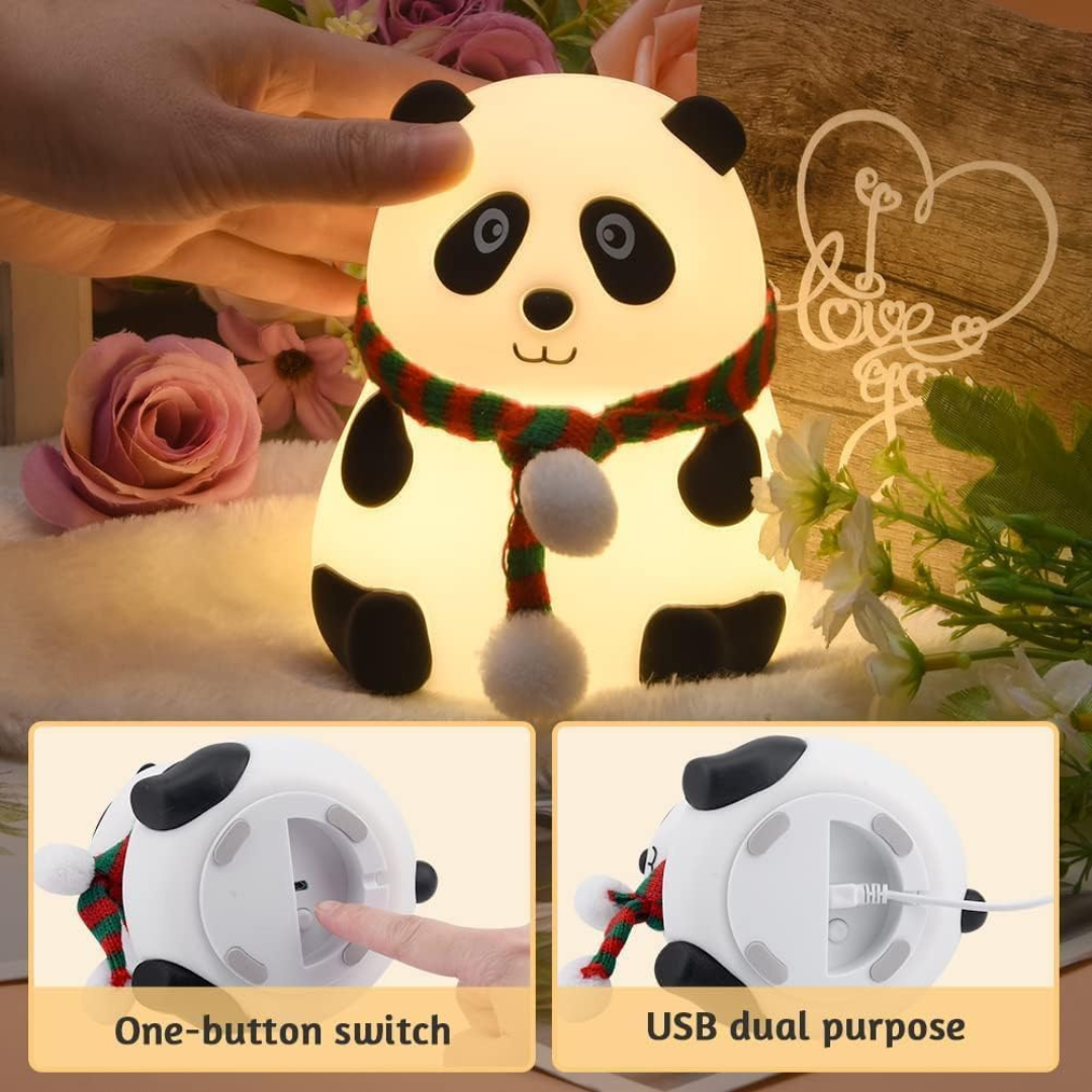 Portable panda LED lamp with touch control and multiple color options.