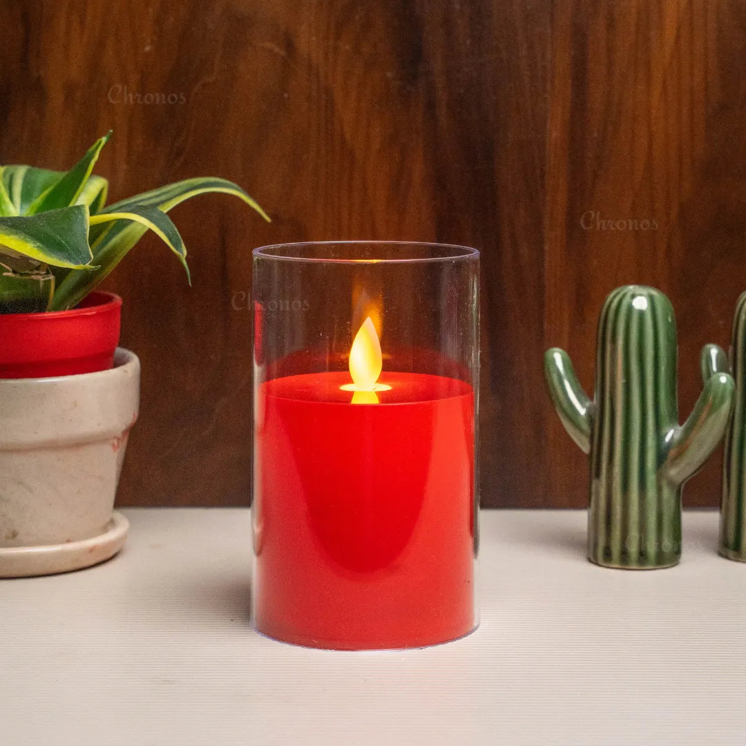 Realistic red LED moving flame candle with elegant acrylic glass finish