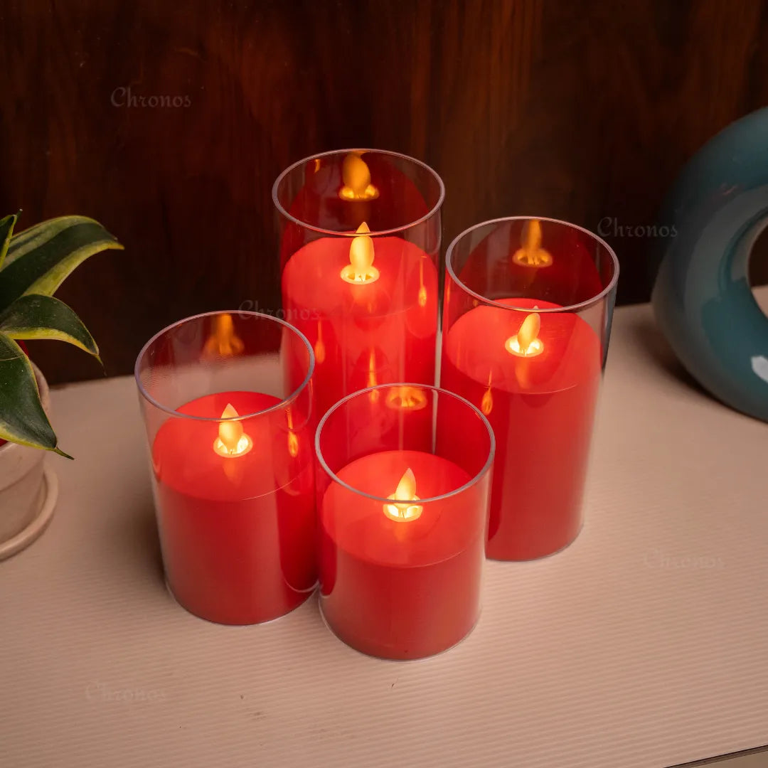 Red acrylic pillar candle with realistic moving flame effect and elegant design