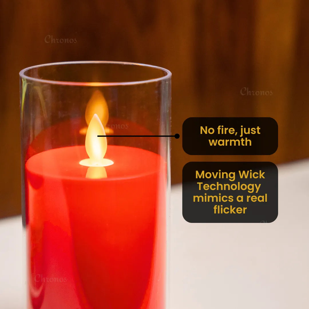 Red glass look LED moving wick candle for premium decorative setups