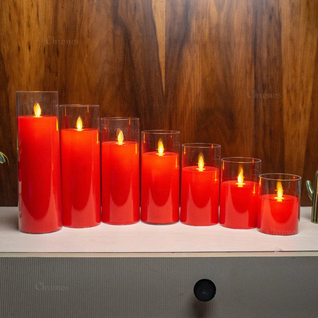 Reusable red flameless candle with realistic moving flame and battery operation