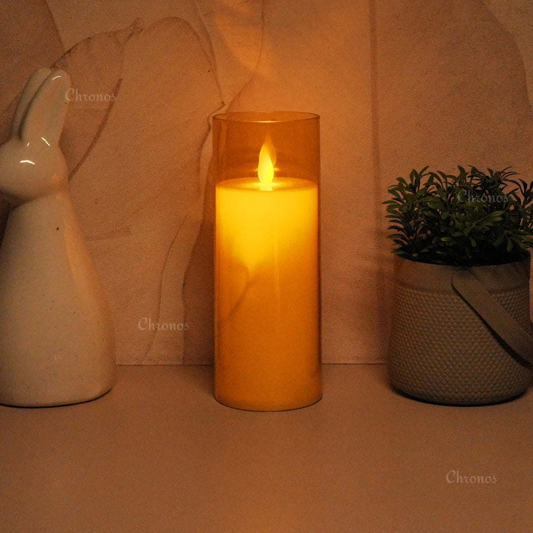 Romantic flameless LED candle with golden glass design for dinners, anniversaries, and special moments