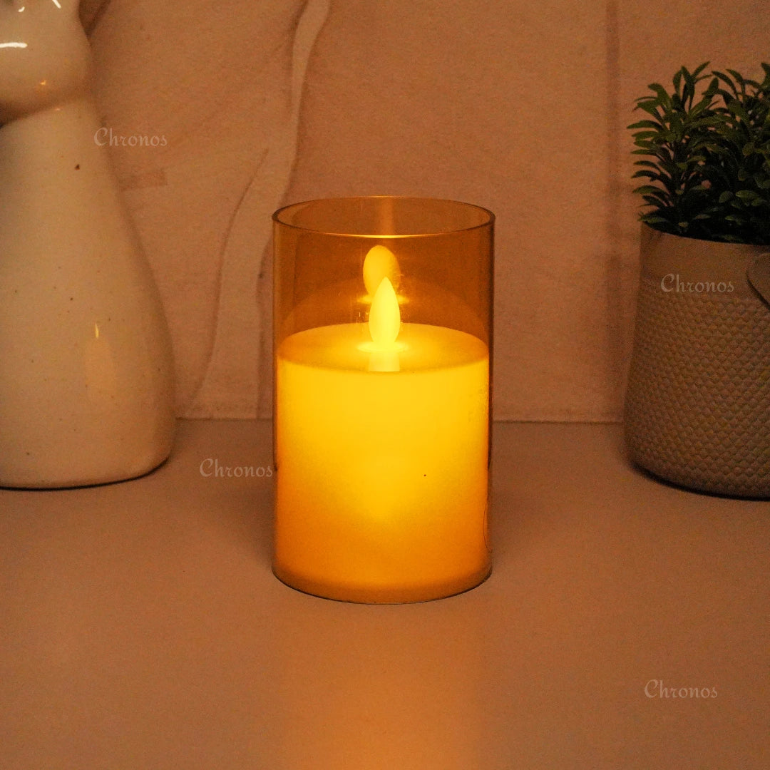 Shatterproof Acrylic Golden Glass LED Candle with flameless moving flame technology for safe use