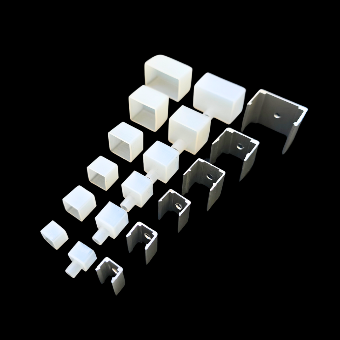 Silicone end caps and metal mounting clips for LED silicone profiles installation.