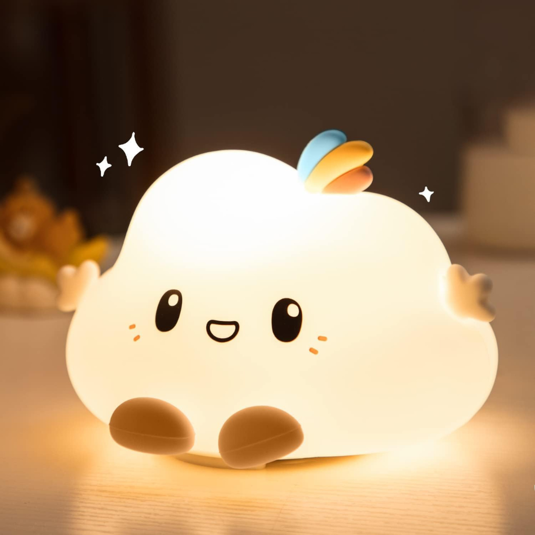 Squishy, kawaii silicone lamp with color-changing glow, USB rechargeable and touch sensor control.