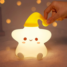 Adorable squishy silicone star lamp with color-changing LED lights, USB rechargeable and portable for kids.