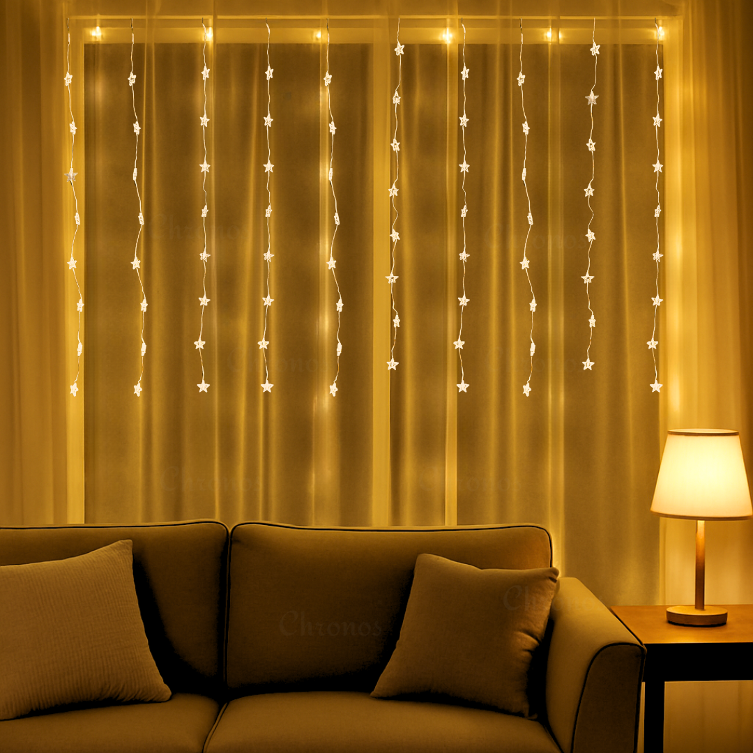 Star curtain string lights warm white with 8 modes plug and play decorative lighting