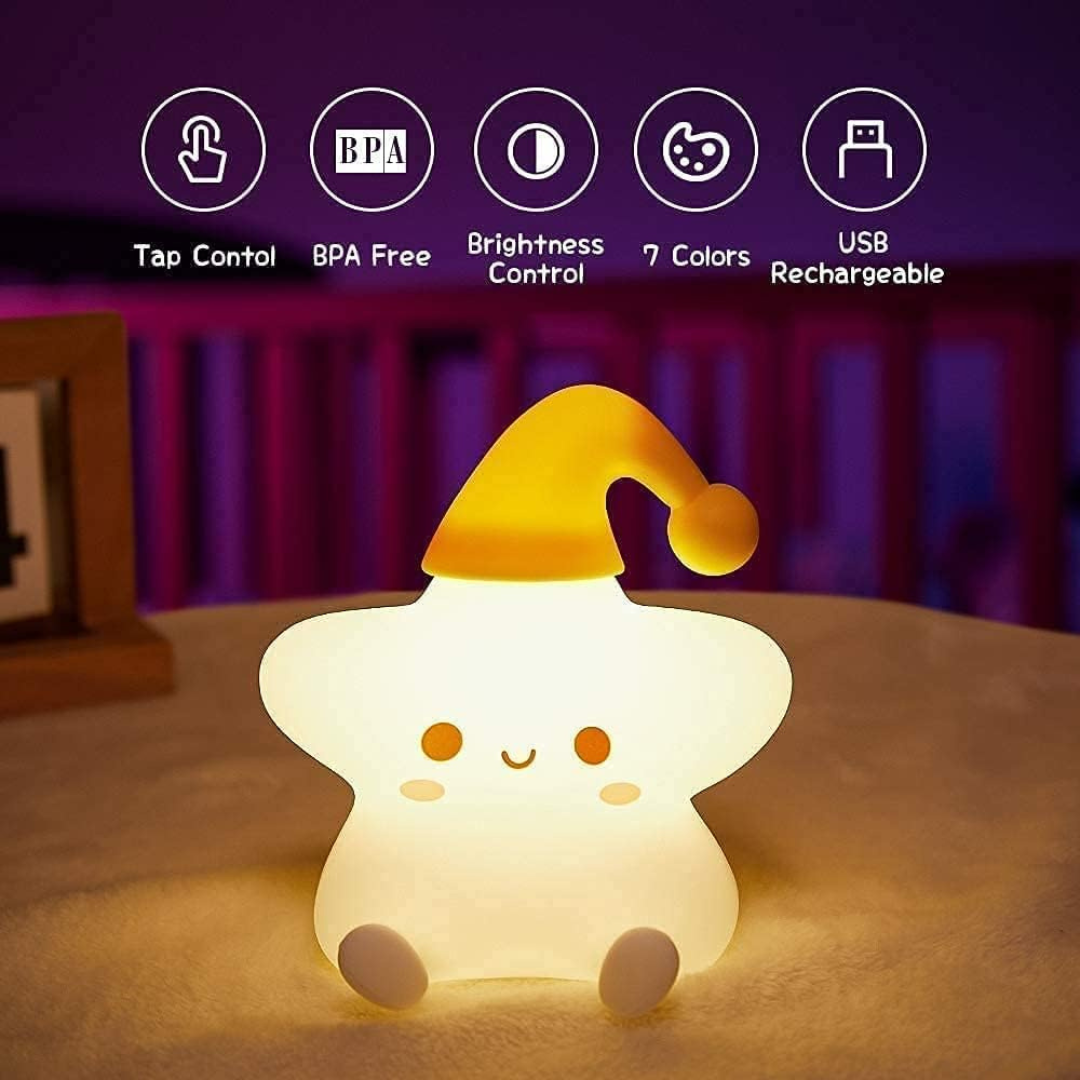 Star-shaped squishy silicone night light, safe and soft, with rechargeable LED color-changing options.