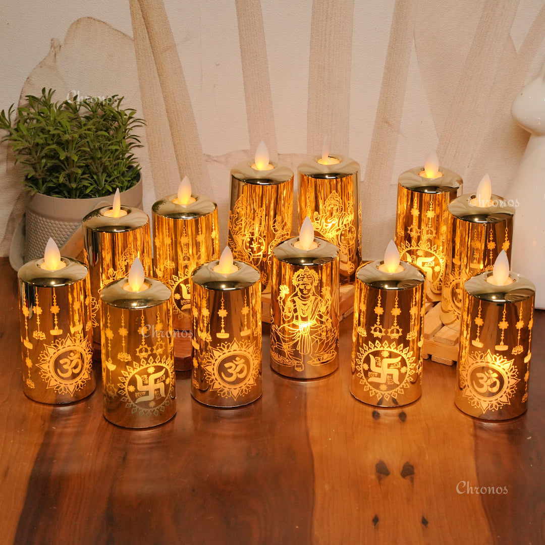 Safe battery-operated LED pillar candle with Swastik design for auspicious décor and festivals