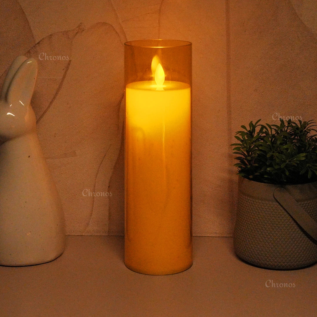 Safe flameless Acrylic Golden Glass LED Candle for prayer rooms, temples, and meditation spaces
