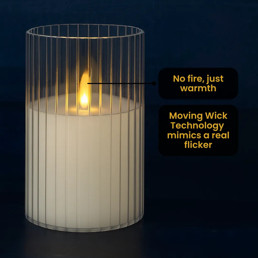 Transparent pleated LED flameless pillar candle with moving flame technology