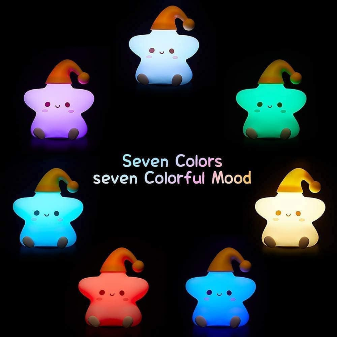 USB rechargeable star lamp perfect for kids' bedside tables, offering a soft glow with color-changing features.