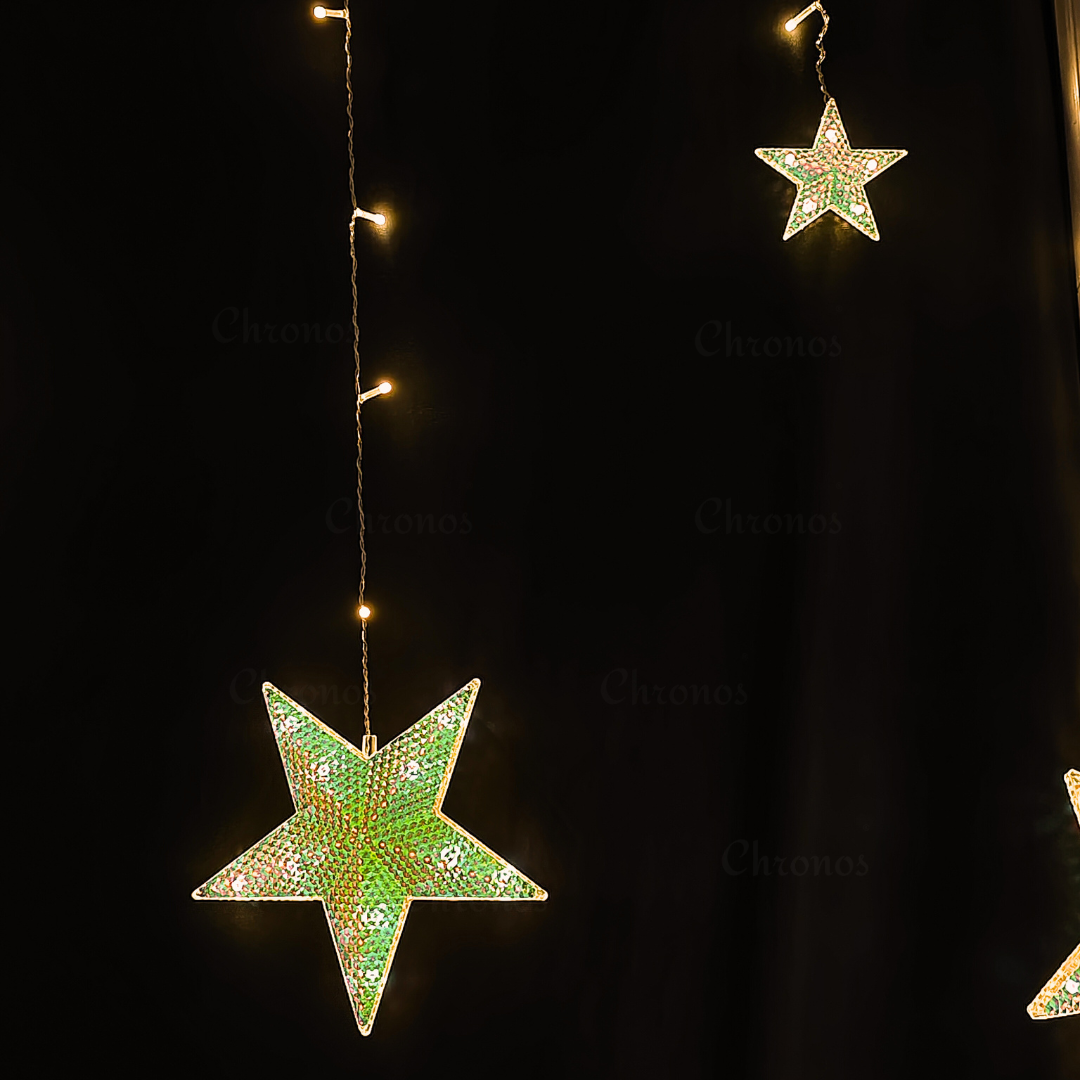 Warm golden star curtain LED lights with 10 string cascading design