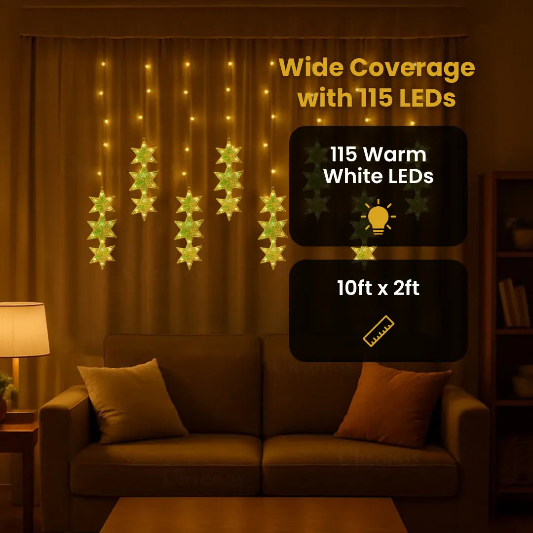 Warm white 3-star hanging curtain lights ideal for weddings and celebration backdrops