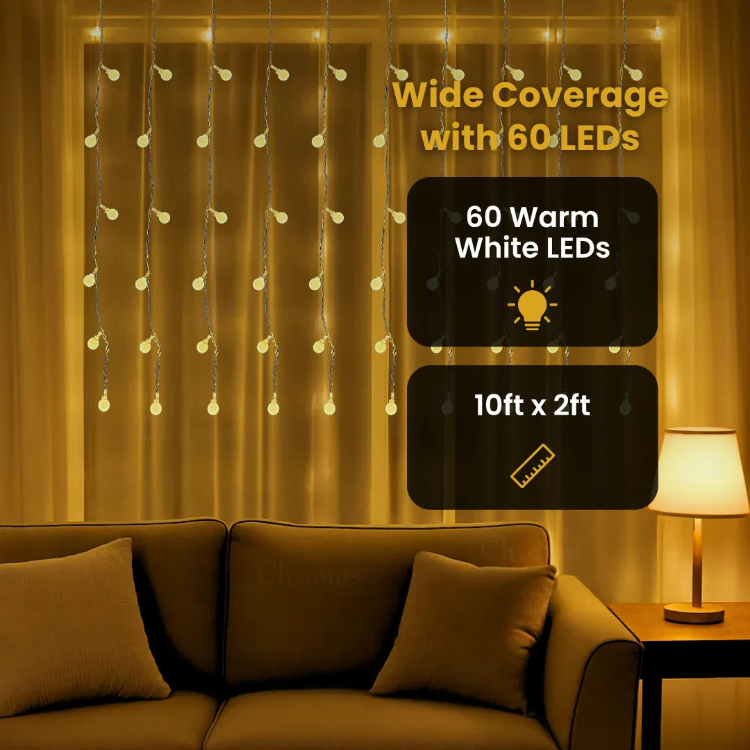 Chronos Lights warm white bubble LED curtain lights with 10 string decorative drops