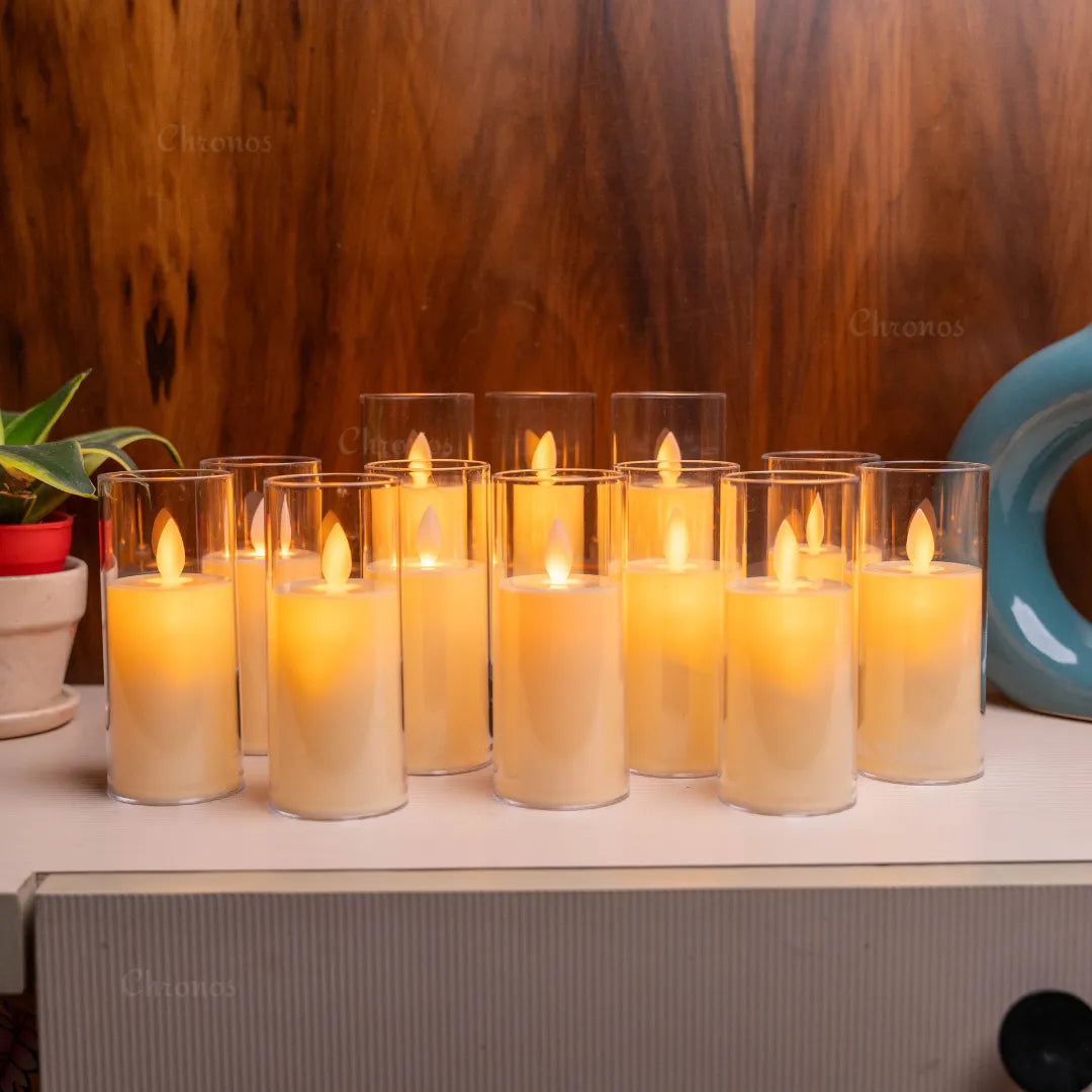 Warm white LED candle set with realistic moving flame effect and elegant acrylic body