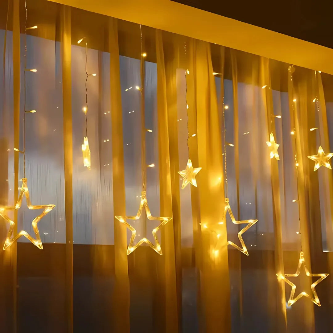 Warm white star curtain lights for event backdrop
