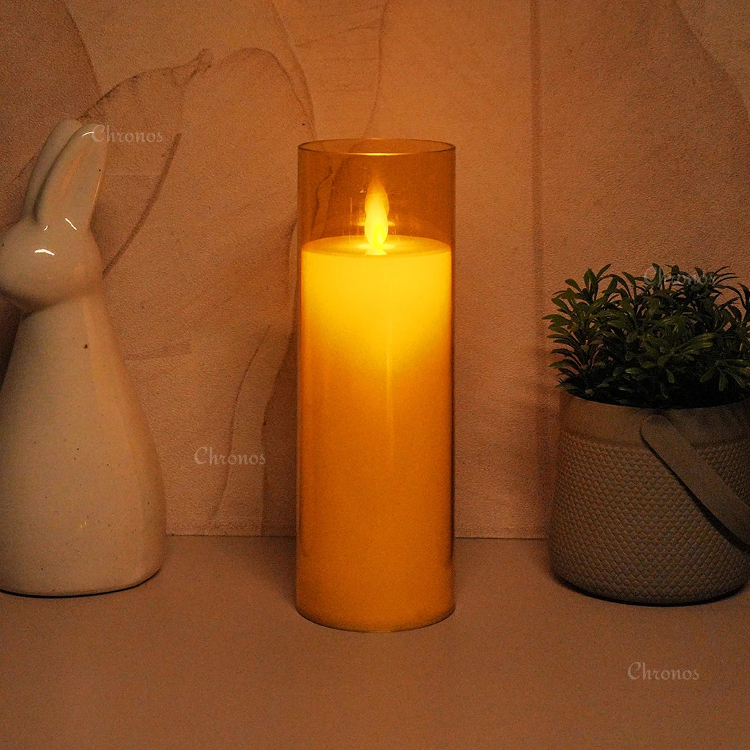 Elegant golden acrylic LED pillar candle with moving flame effect for weddings and reception décor