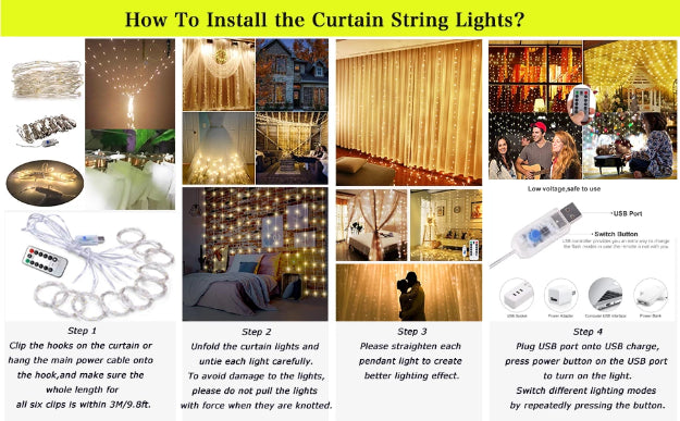Curtain Fairy Lights - USB Powered | 8 Function Remote Control | Warm White - Chronos