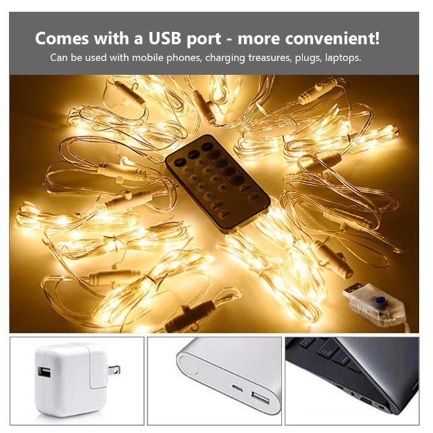 Curtain Fairy Lights - USB Powered | 8 Function Remote Control | Warm White - Chronos