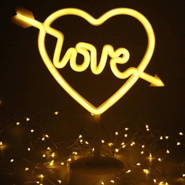 Neon Sign Table Lamp | Battery & USB Operated | Cupid Heart with Love
