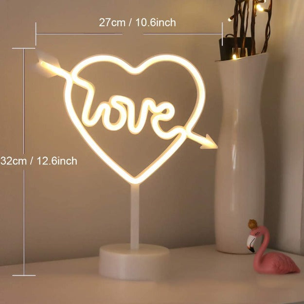 Neon Sign Table Lamp | Battery & USB Operated | Cupid Heart with Love