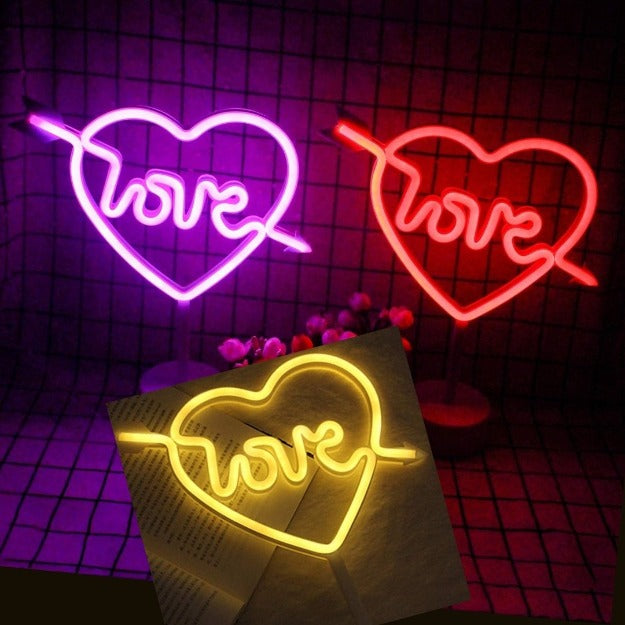 Neon Sign Table Lamp | Battery & USB Operated | Cupid Heart with Love